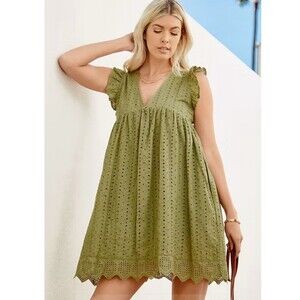 D118 Mustard Seed Size M Eyelet Romper Dress Pockets Babydoll Blush Summer